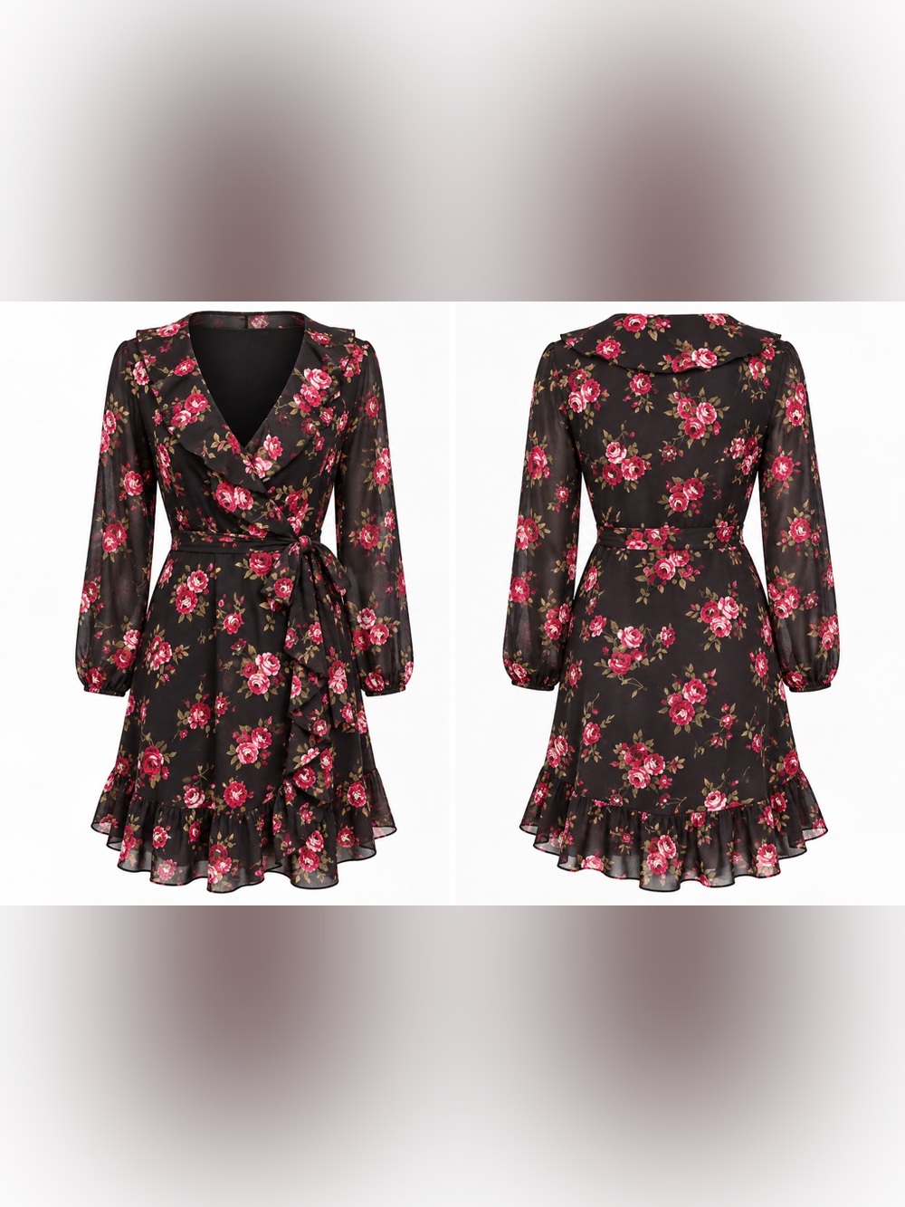 Nine West - Size 16 - Women’s Black Floral Wrap Dress with Pink Roses - GORGEOUS